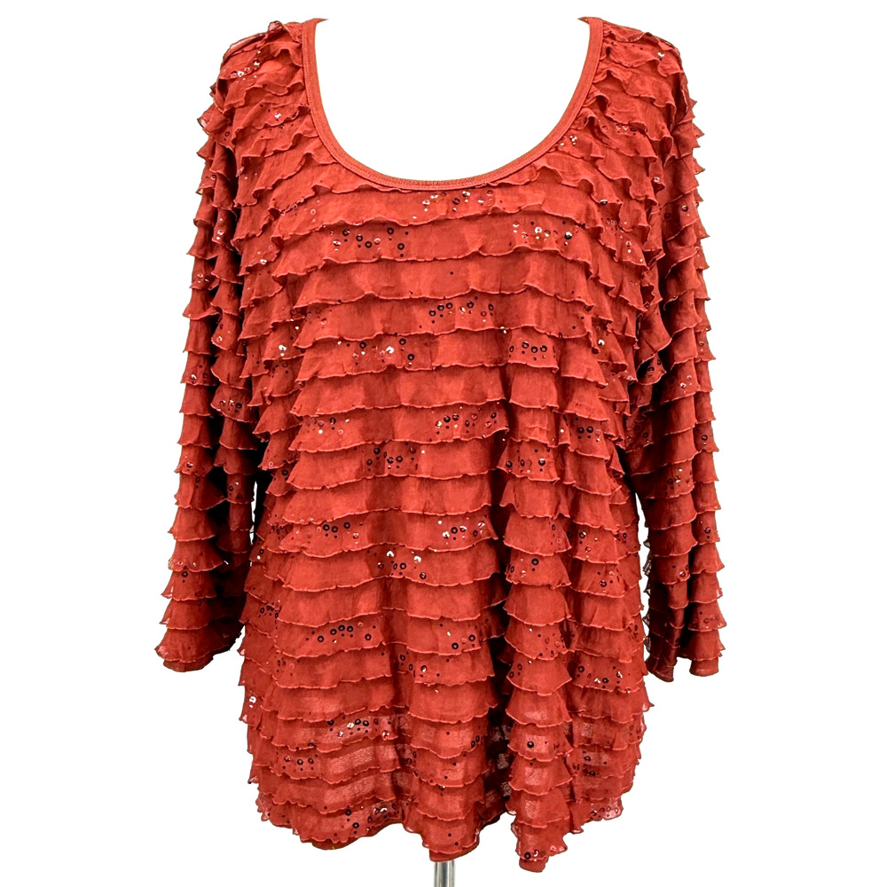 Slinky Brand Womens‎ Top 1X Y2K Burnt Orange Sheer Mesh Sequins Ruffles Layers
